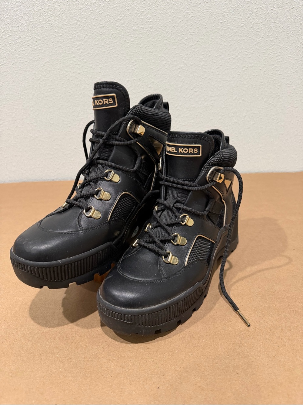 Michael Kors Black Gold Chunky Platform Hiker Combat Boots – Women’s